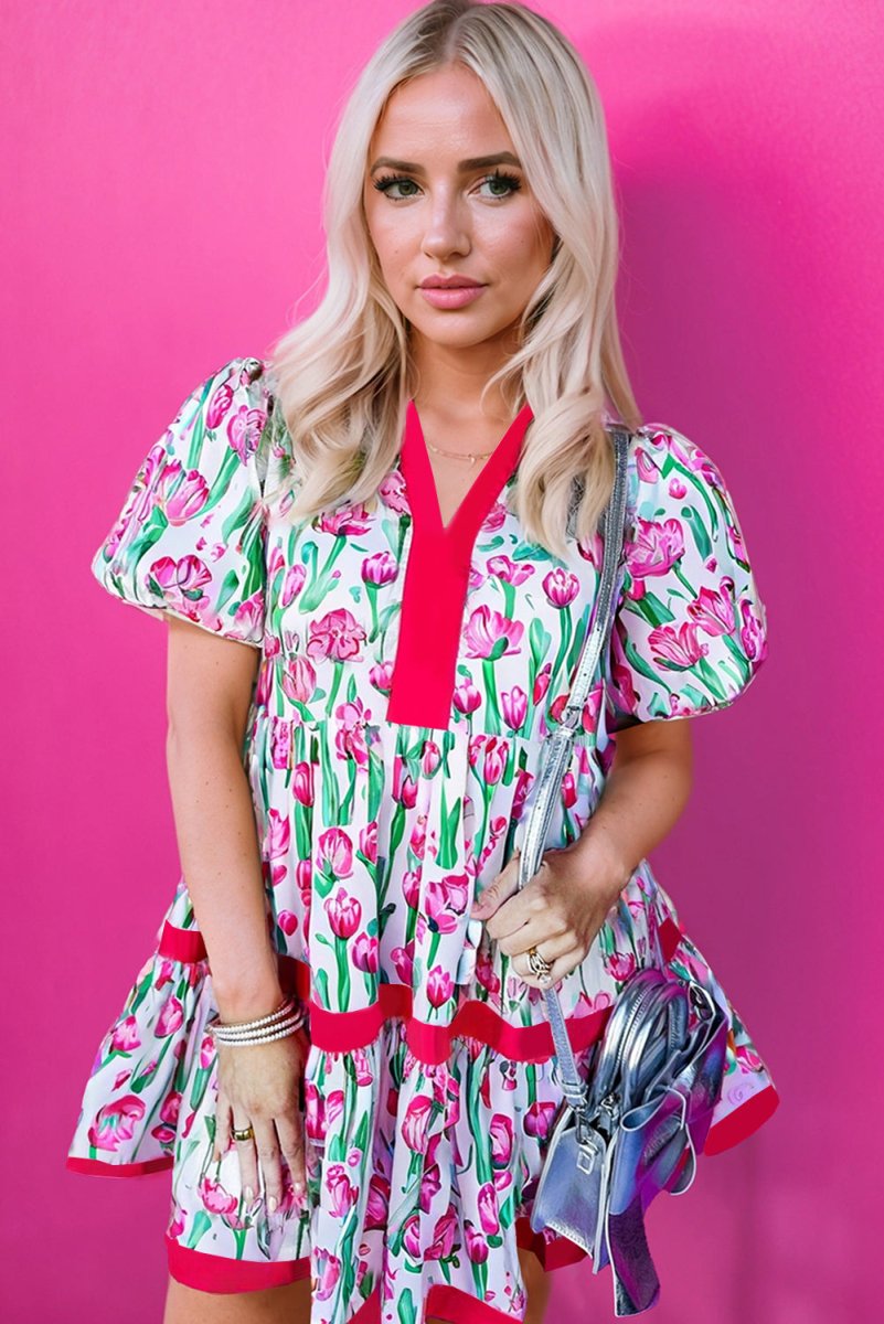 Pink Floral Print Contrast Trim V Neck Bubble Short Sleeve Babydoll Dress - Love Salve
